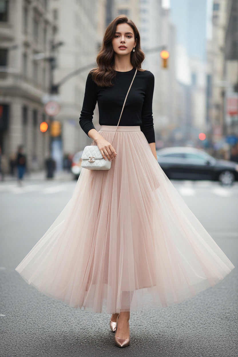 Black high-waist midi skirt with flowing A-line silhouette, modest and elegant