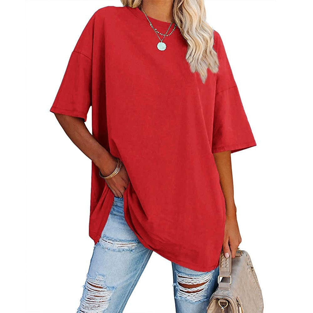 Front view of relaxed fit top showcasing comfortable drop shoulder design