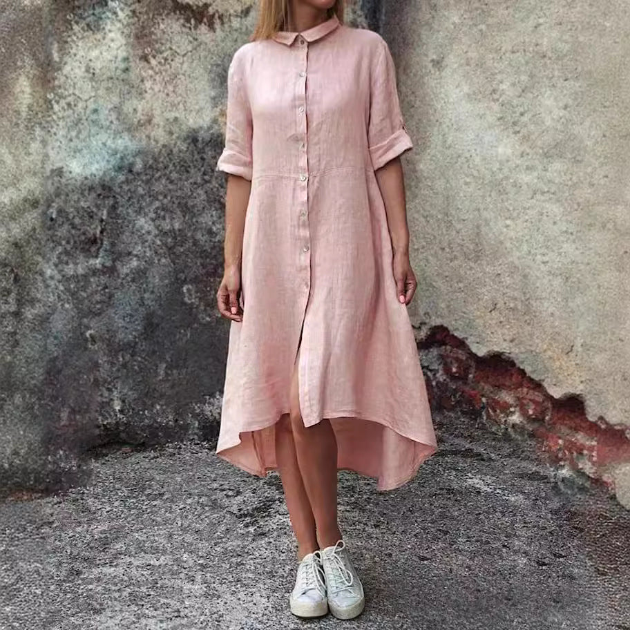 Side profile of casual dress with dropped waistline and sleeve length