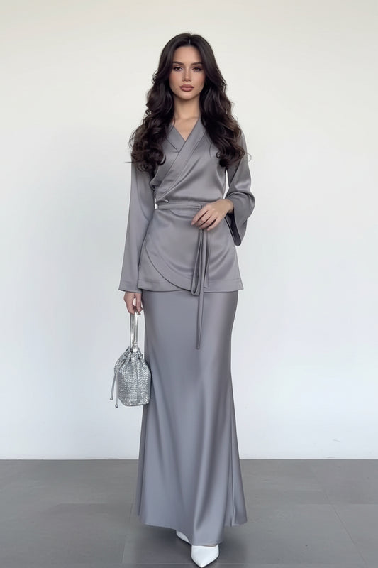 Burgundy satin long dress suit with long sleeves, formal occasion wear