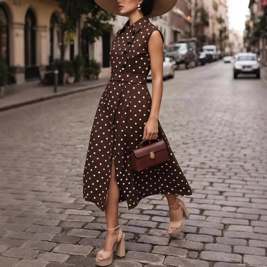 Detail shot of collar featuring polka-dot pattern and neckline styling