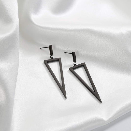 Black metal triangle earrings with minimalist geometric design, everyday accessory