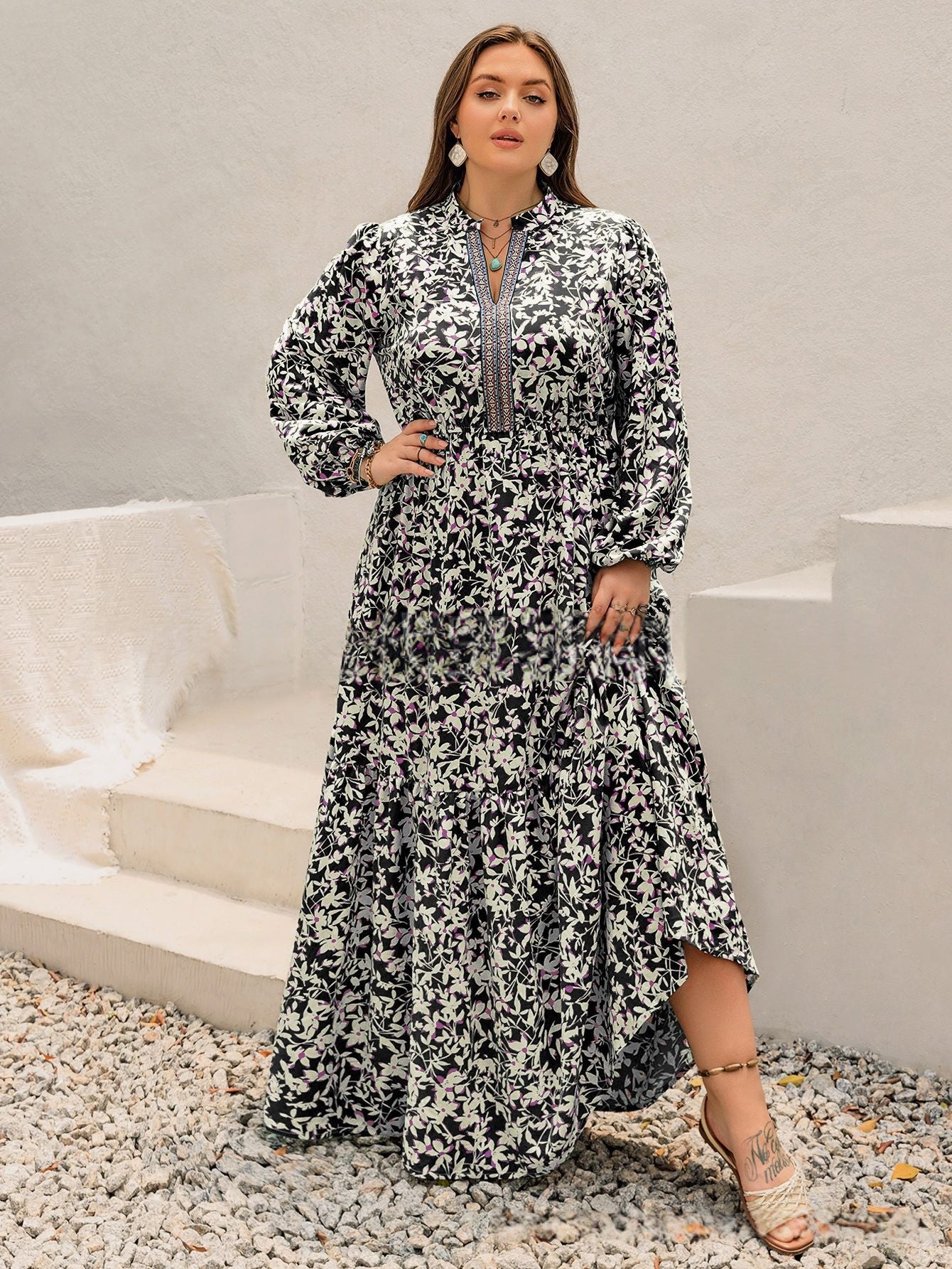 Side profile of the dress displaying the silhouette and sleeve length