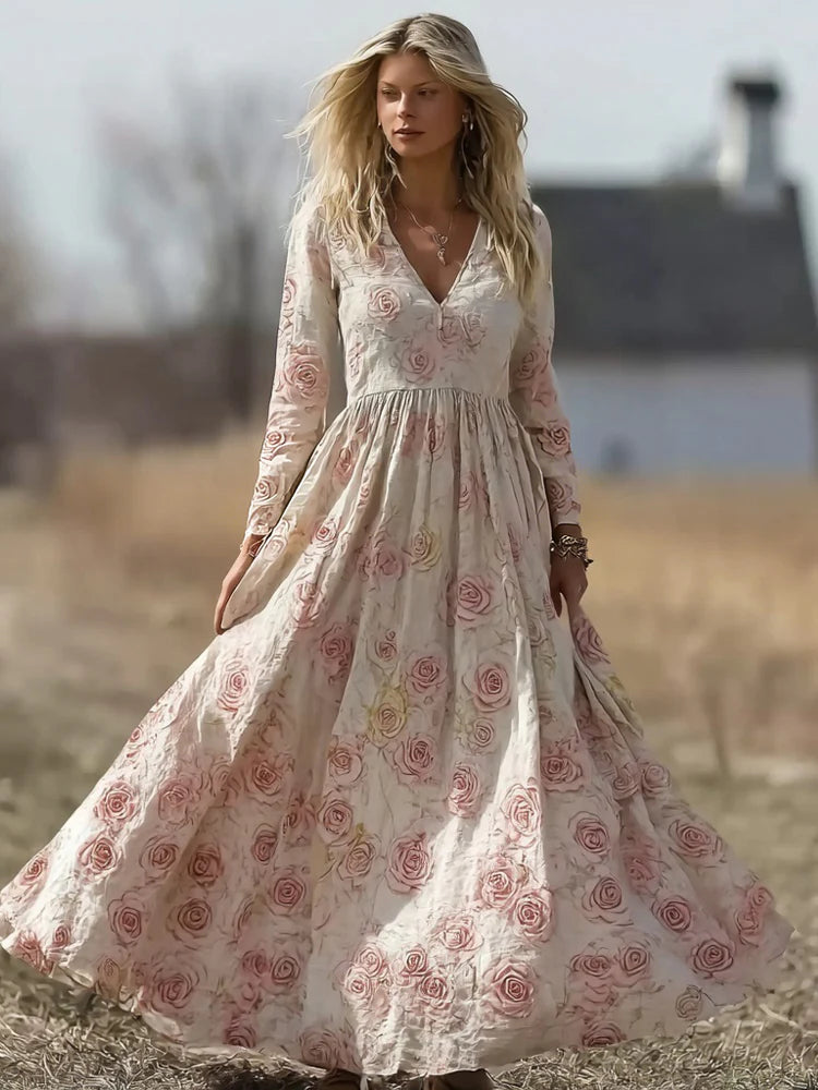 Side profile of modest floral dress with flowing chiffon skirt