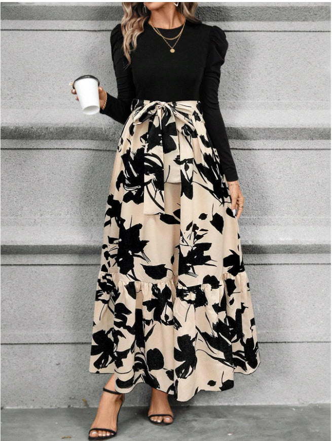 Side profile of dress displaying drape and length on model