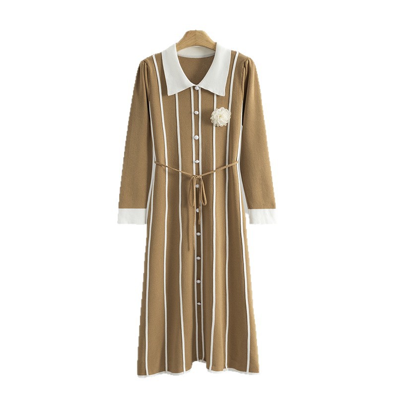 Front neckline detail of modest long-sleeved knitted dress