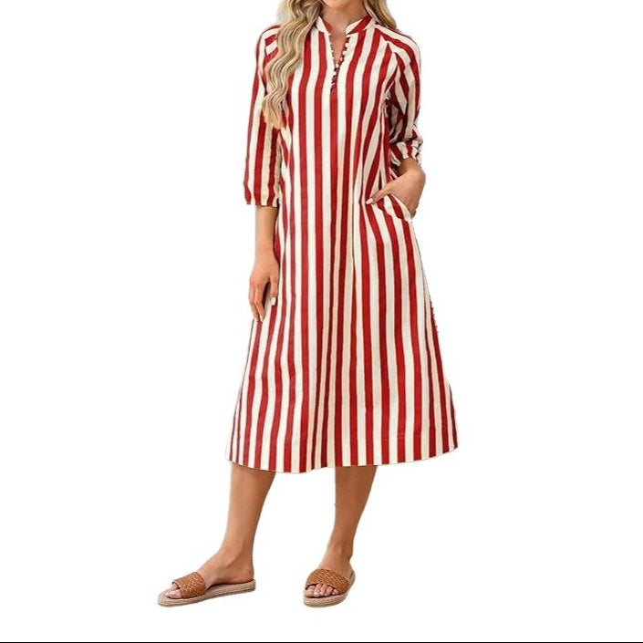 Close-up of vertical stripe pattern and V-neckline detail