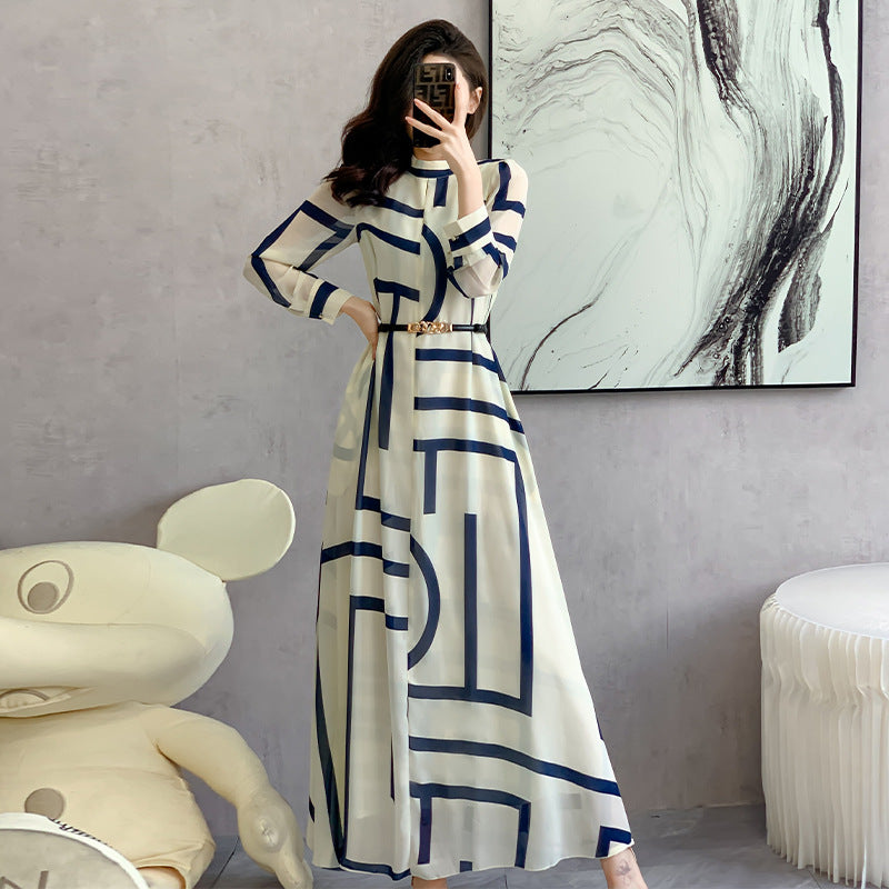 Side profile displaying graceful A-line skirt flow and dress proportions