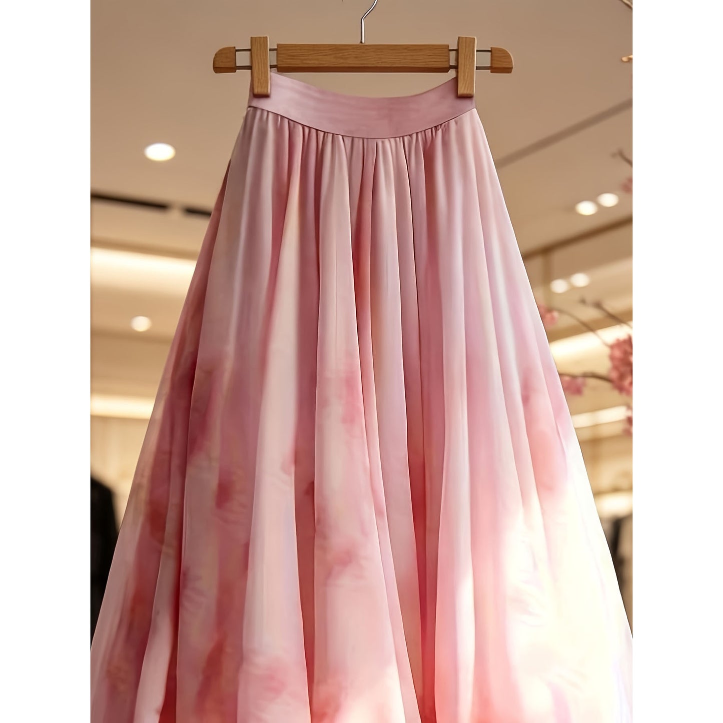 Side profile displaying skirt's elegant flow and hem length