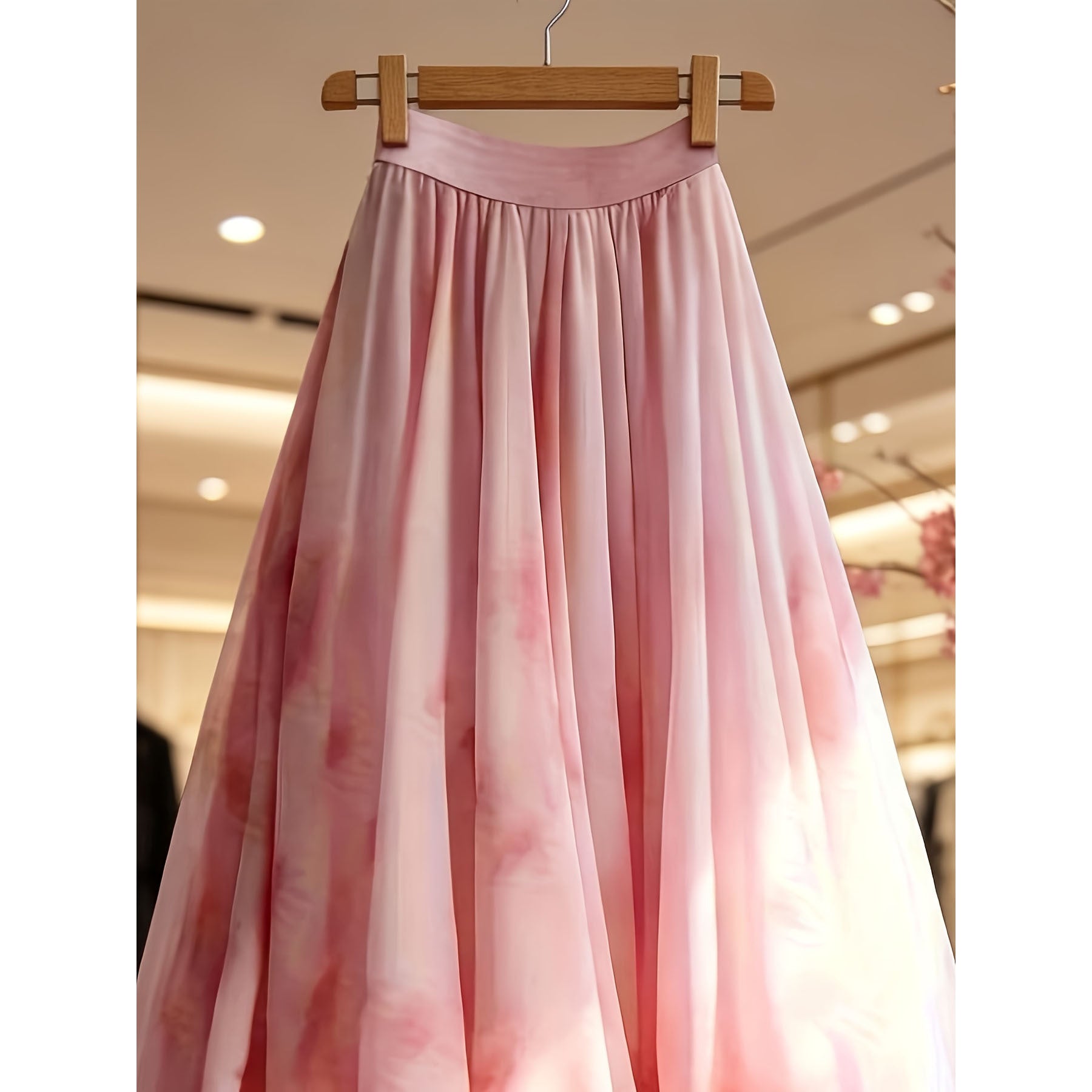 Side profile displaying skirt's elegant flow and hem length