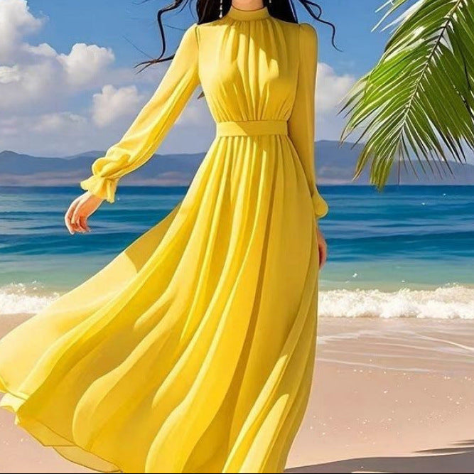 Front view of black maxi dress showing flattering waist detail and length