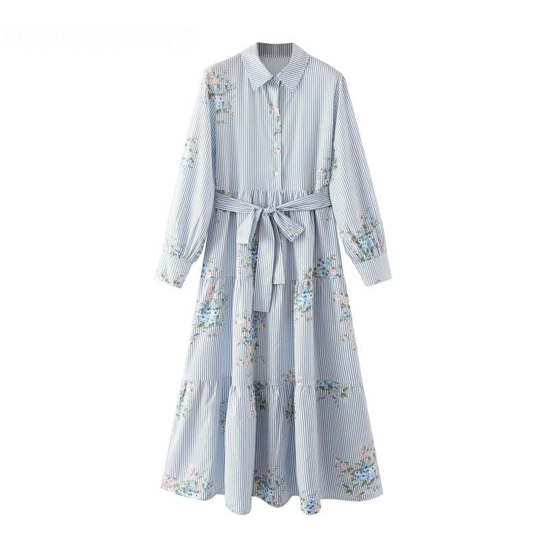 Navy blue long-sleeve dress with lapel neckline and printed pattern, casual spring style