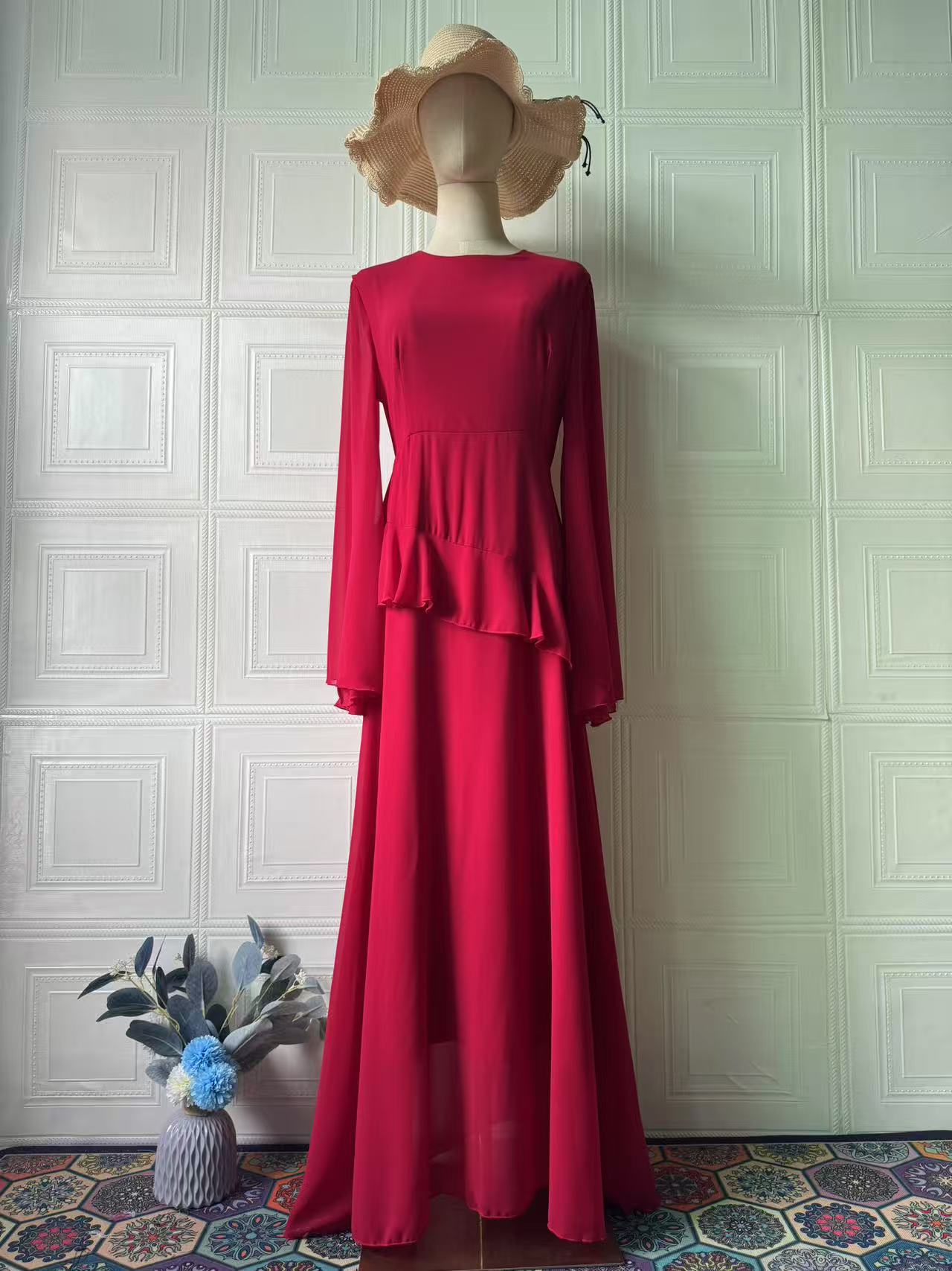 Side profile highlighting the dress silhouette and graceful fabric flow