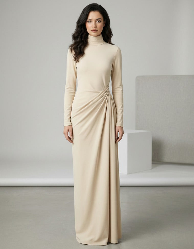 Front view of dress showing fitted bodice and long sleeves