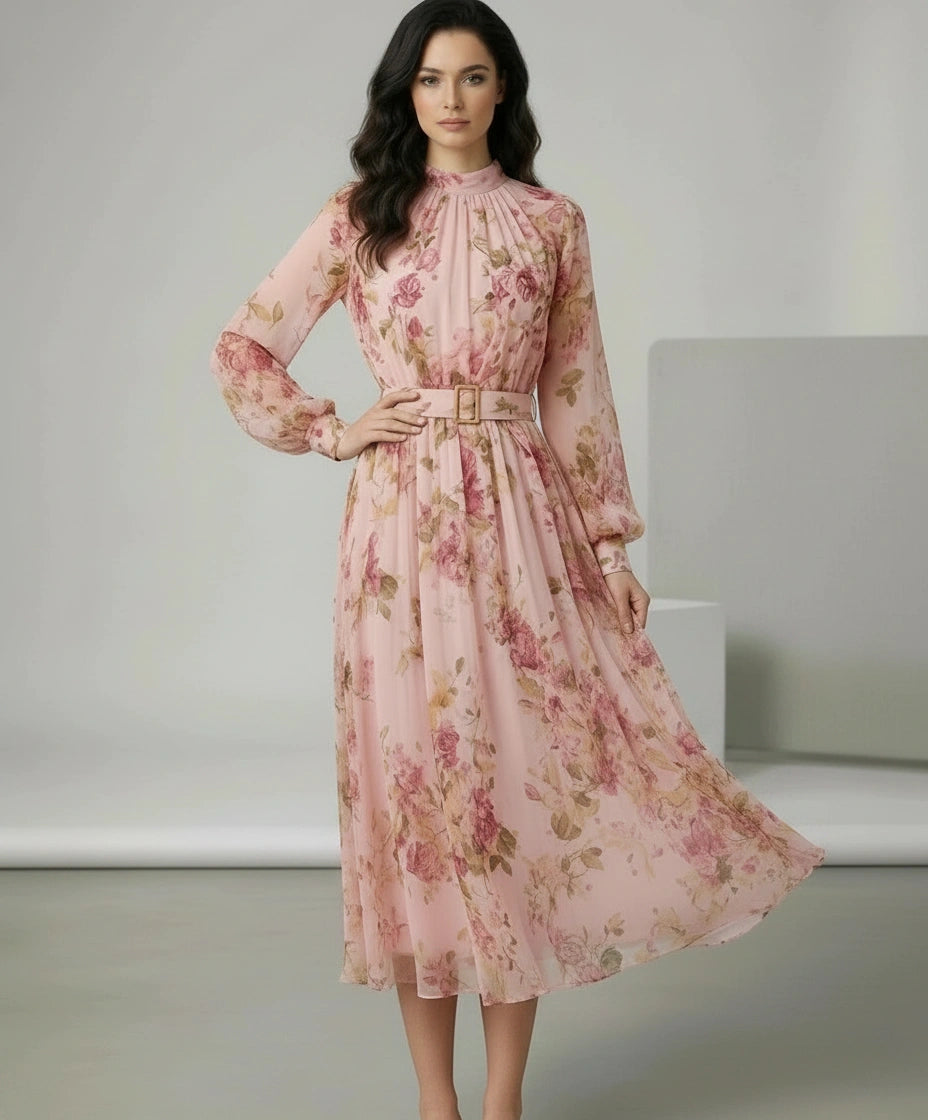 Black waist-cinching lace-up maxi dress with long sleeves, elegant and chic