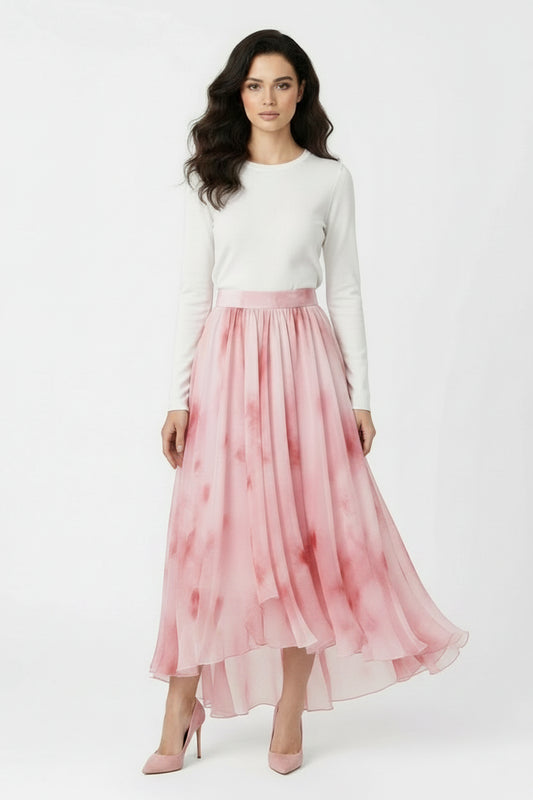 Black mesh printed maxi skirt with flowing silhouette for modest wear