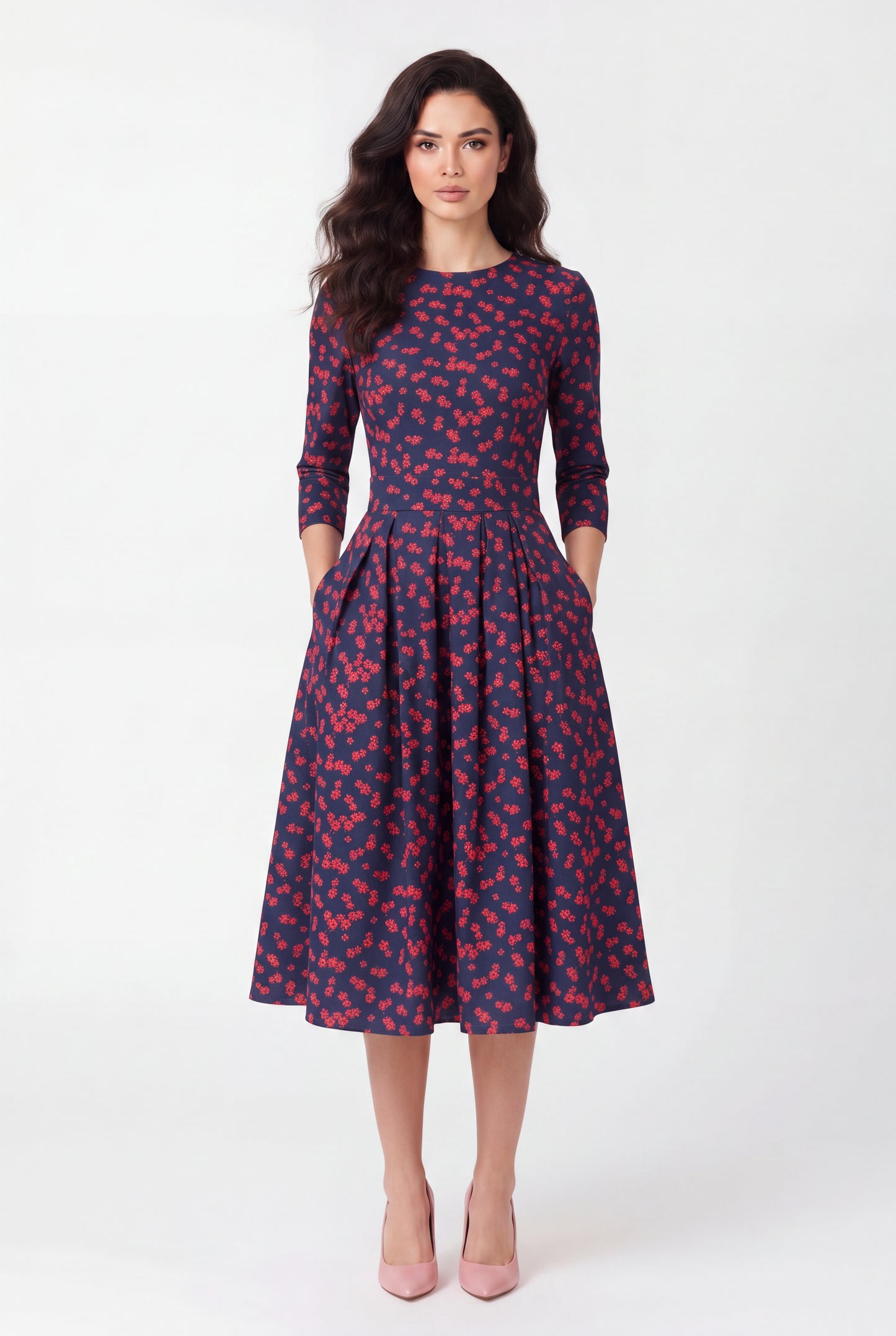 Small floral print modest dress with three-quarter sleeves and round neckline