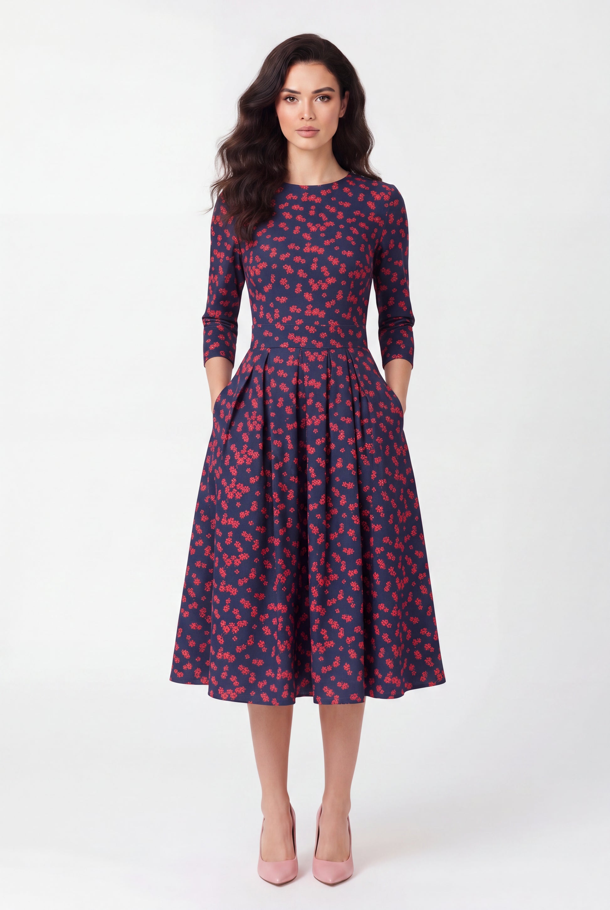 Small floral print modest dress with three-quarter sleeves and round neckline