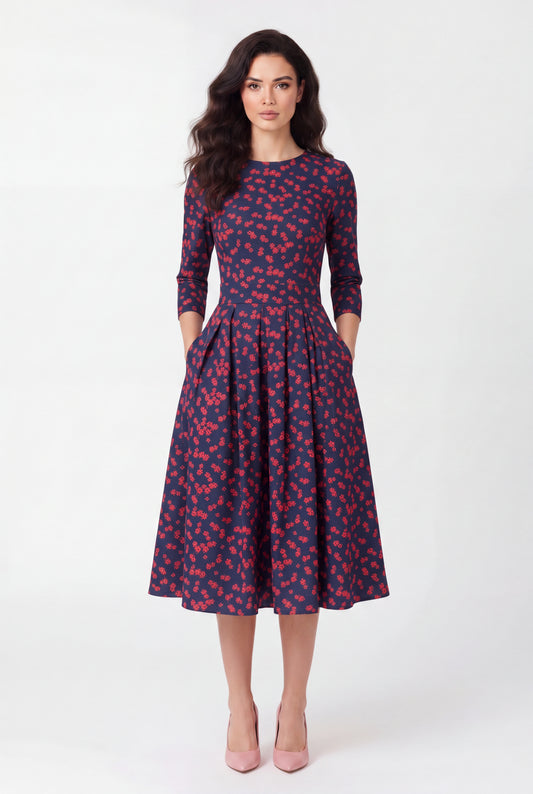 Small floral print modest dress with three-quarter sleeves and round neckline