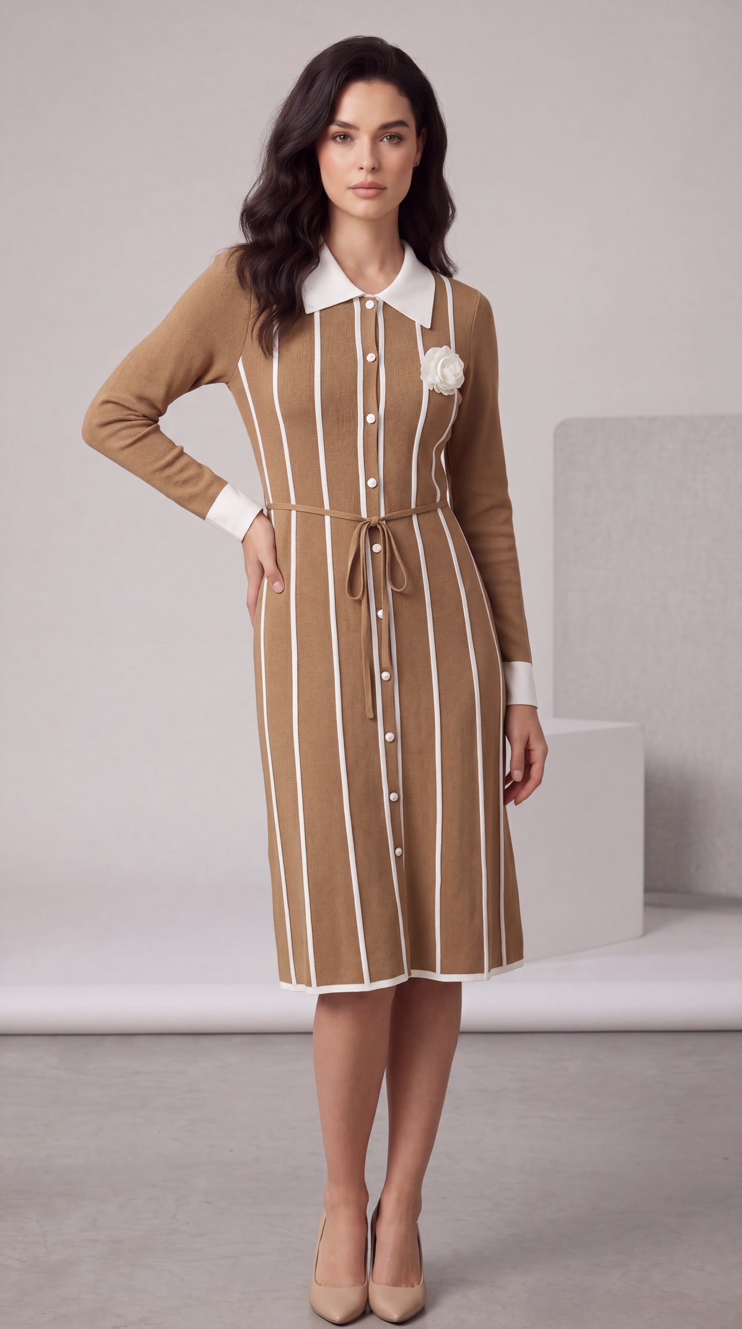 Burgundy knitted dress with long sleeves and fitted waist for spring autumn