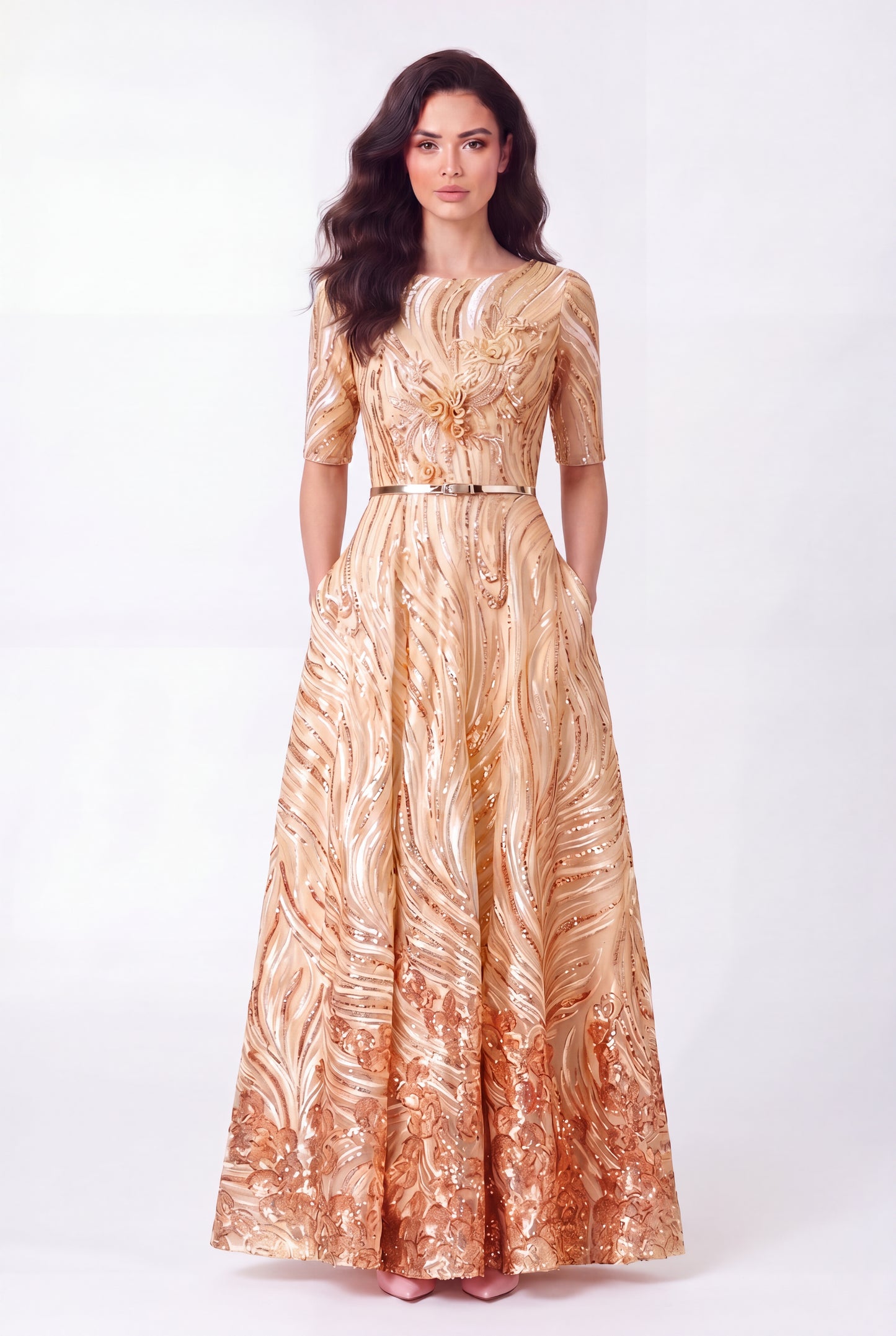 Golden long modest party dress with elegant draping and three-quarter sleeves