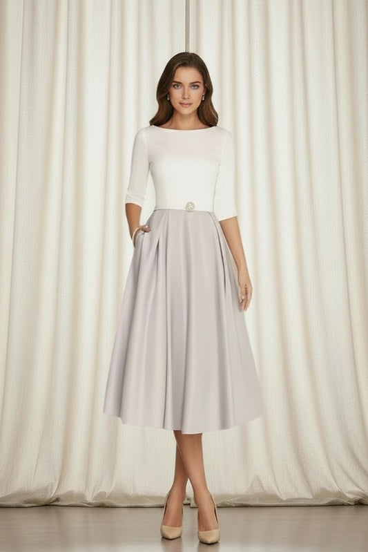 Burgundy long sleeve off-shoulder modest dress with flowing silhouette, perfect for evening occasions