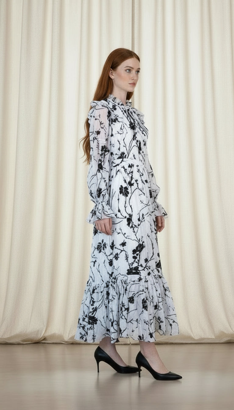 Blush pink floral maxi dress with ruffled chiffon skirt and long sleeves
