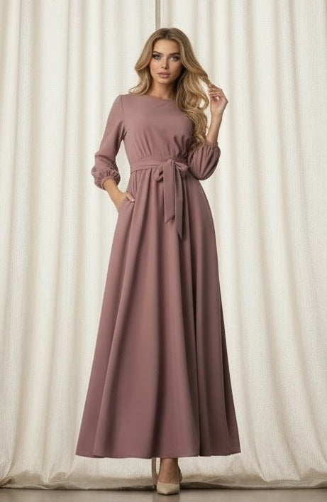 Burgundy A-line maxi dress with lantern sleeves, modest neckline, elegant occasion wear