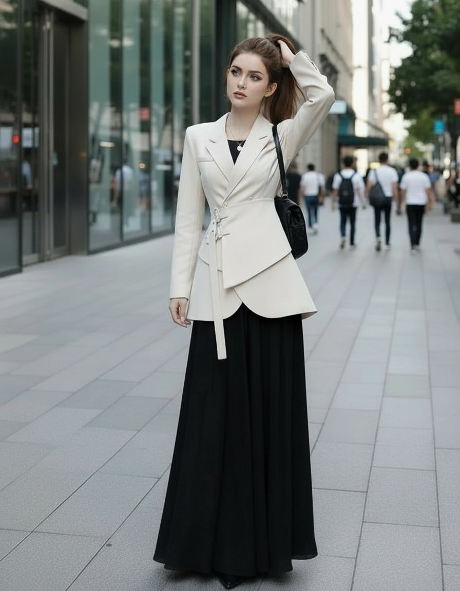 Navy blue belted long sleeve blazer with structured silhouette for professional occasions