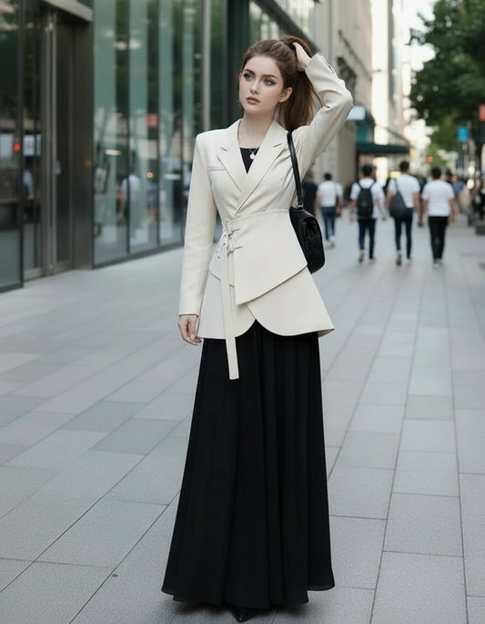 Navy blue belted long sleeve blazer with structured silhouette for professional occasions