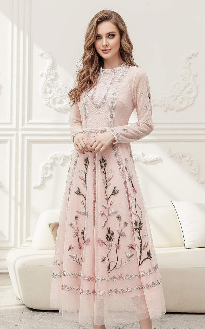 Navy blue modest dress with intricate embroidery and long sleeves for formal occasions