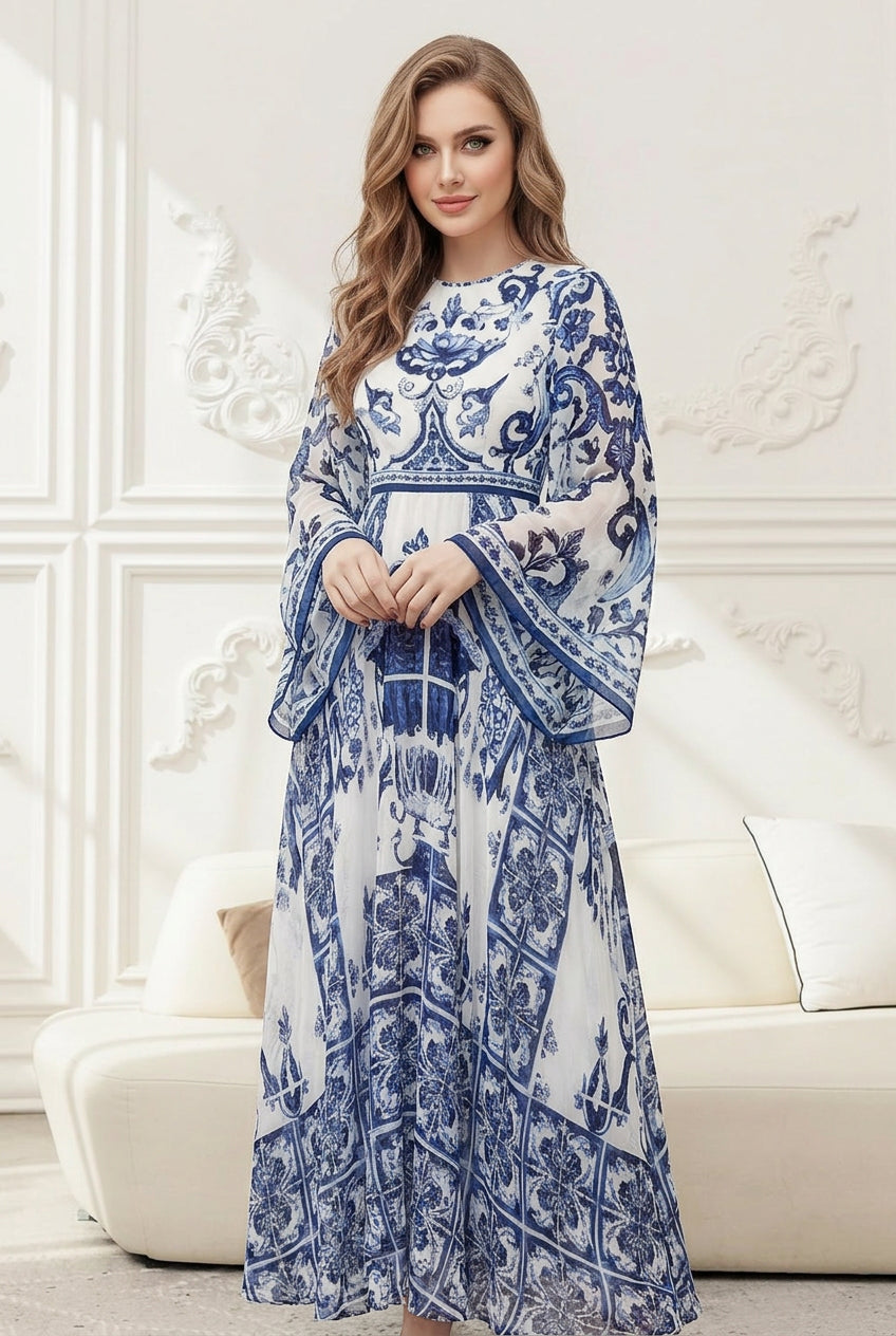 Navy blue long sleeve printed modest maxi dress with flowing silhouette