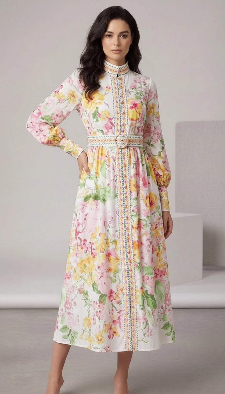 Navy blue retro printed dress with short sleeves and modest A-line silhouette