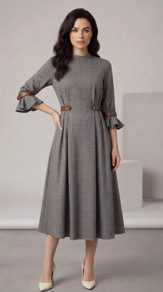 Black long sleeve elegant dress with fitted silhouette, modest neckline, formal occasion wear