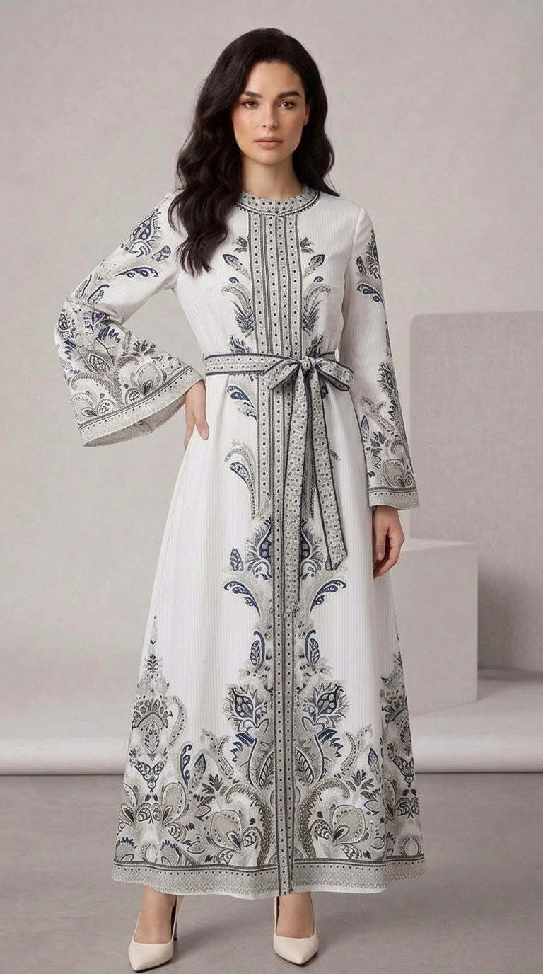 Burgundy bohemian midi dress with long sleeves and printed pattern, ideal for casual wear