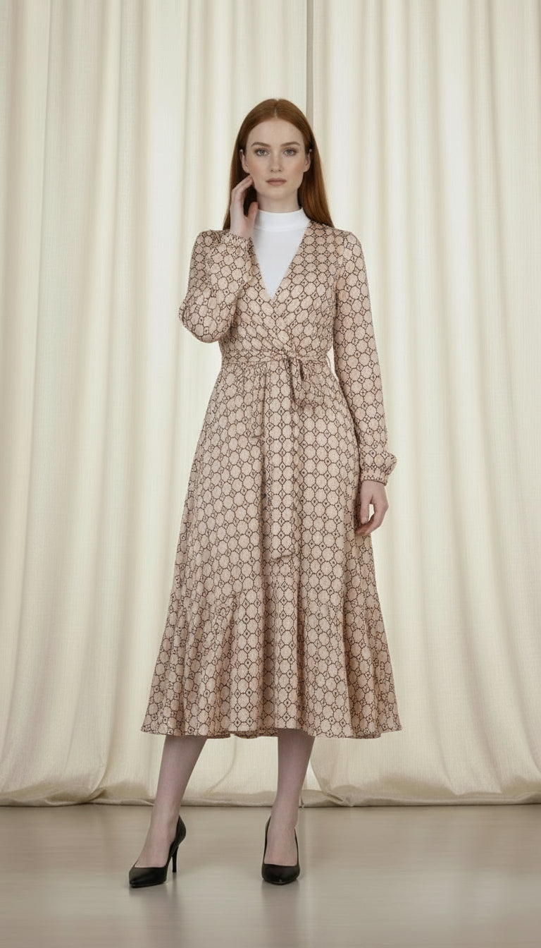 Printed long sleeve modest dress in navy with flowing A-line silhouette, casual occasion