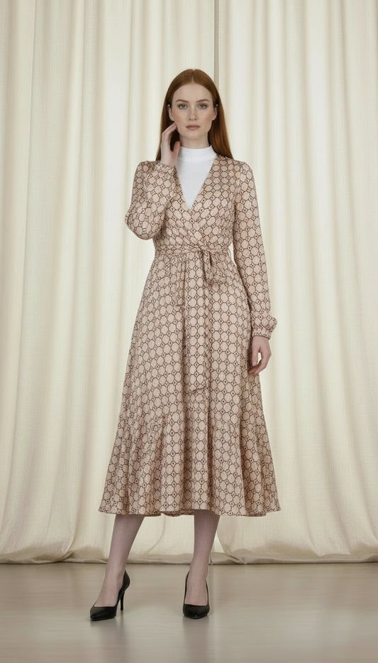 Printed long sleeve modest dress in navy with flowing A-line silhouette, casual occasion