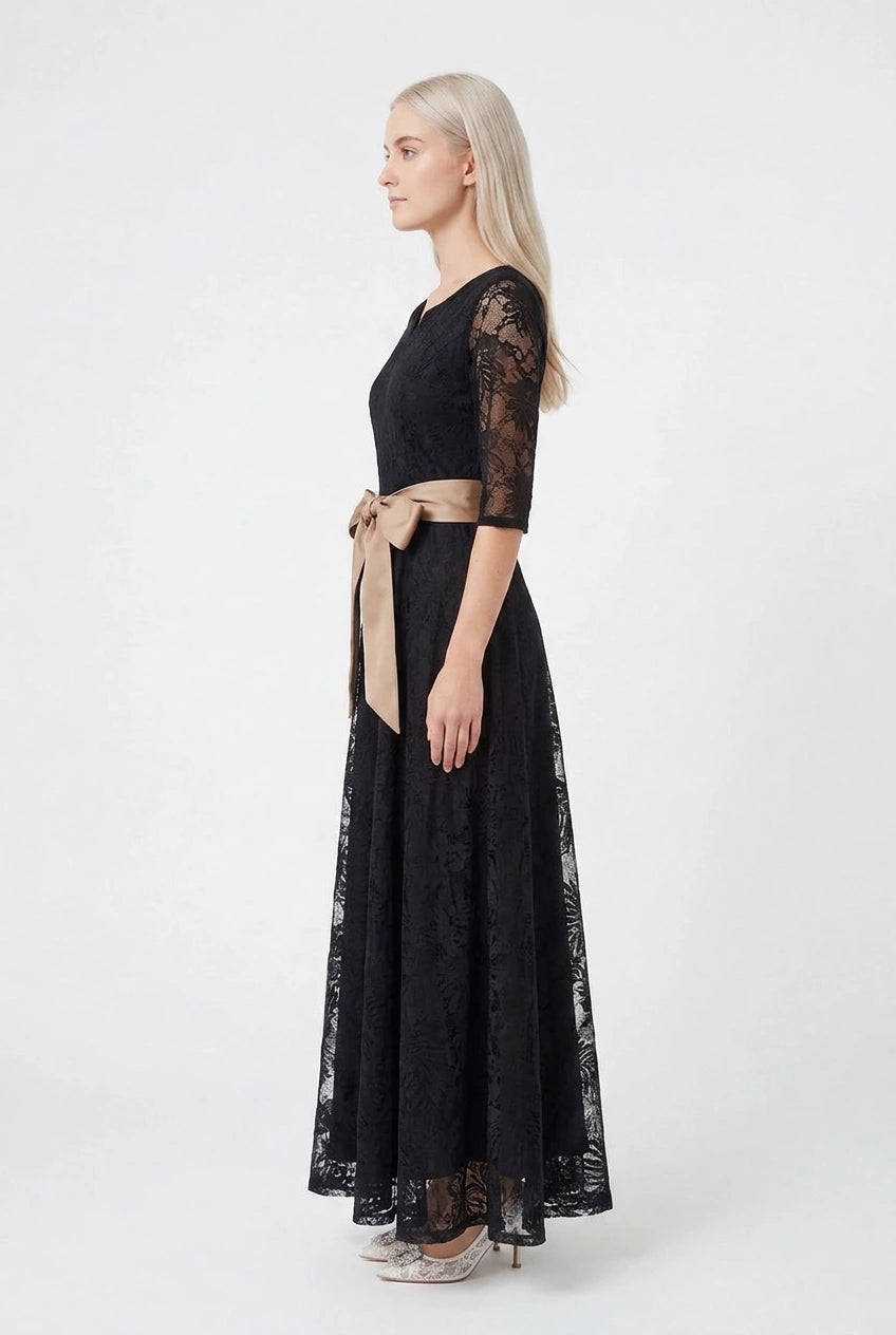 Close-up of delicate lace detailing on bodice and neckline