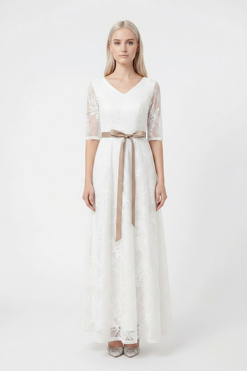 Burgundy lace evening dress with long sleeves and modest A-line silhouette