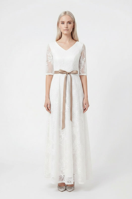Burgundy lace evening dress with long sleeves and modest A-line silhouette