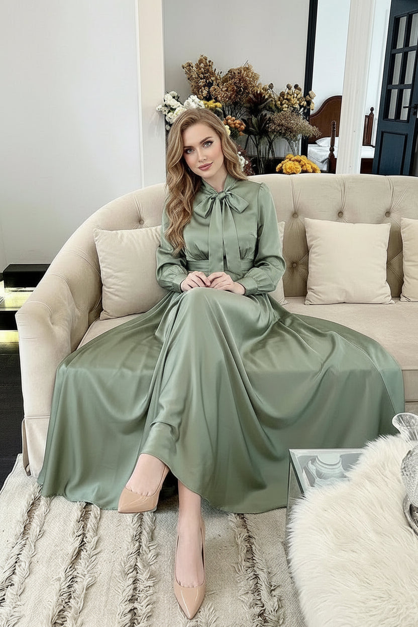 Burgundy satin long dress with long sleeves and flowing silhouette for formal occasions