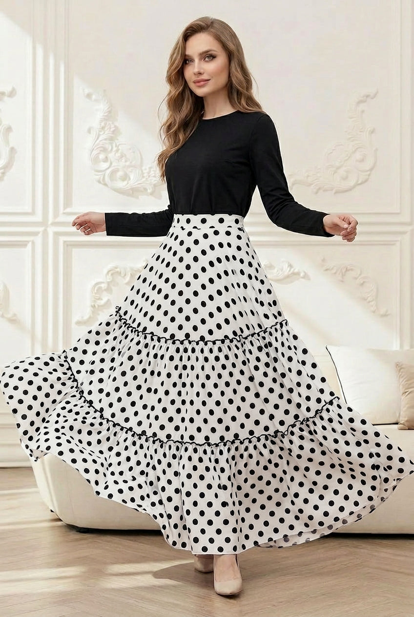 Summer polka dot maxi skirt in blue with modest A-line silhouette
