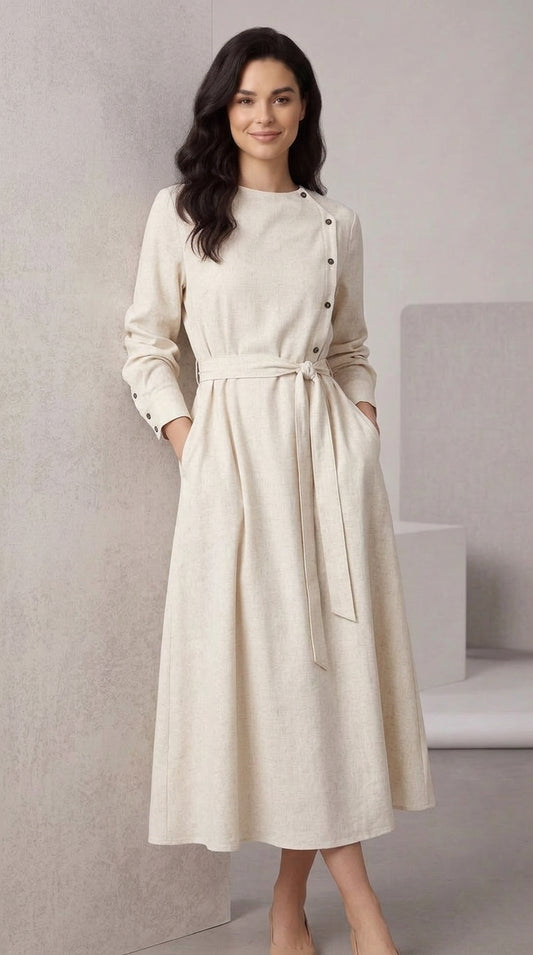 White elegant long sleeve dress with flowing silhouette, suitable for formal occasions