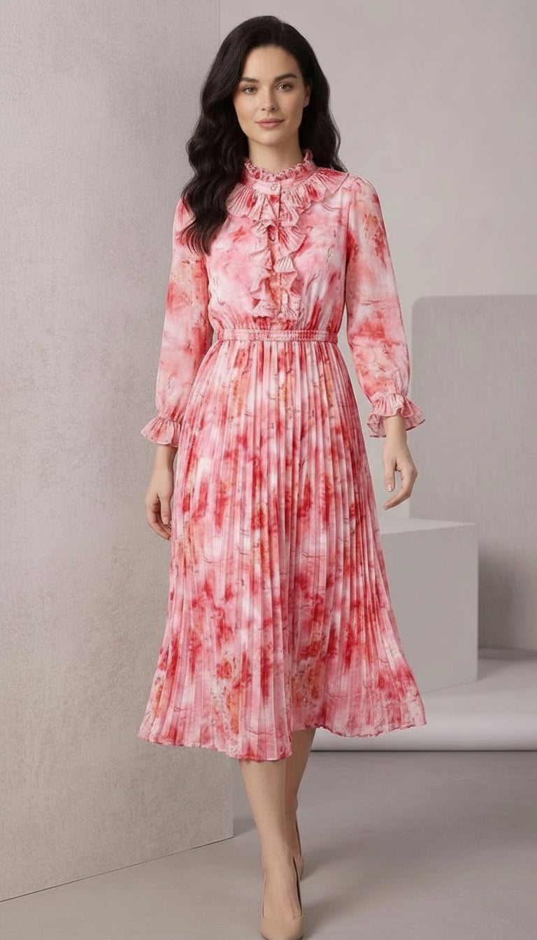 Lavender chiffon dress with long sleeves and flowing A-line silhouette for formal occasions
