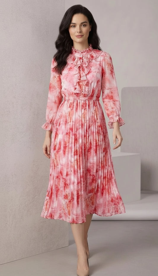 Lavender chiffon dress with long sleeves and flowing A-line silhouette for formal occasions