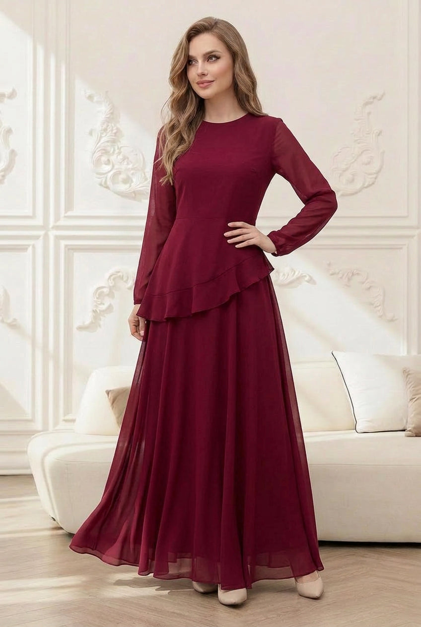 Black elegant long sleeve luxurious dress with flowing maxi silhouette for formal occasions