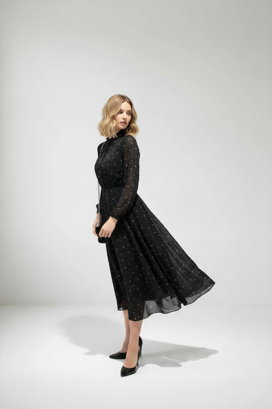 Temperament long sleeve chiffon dress in navy blue, modest A-line silhouette for elegant occasions