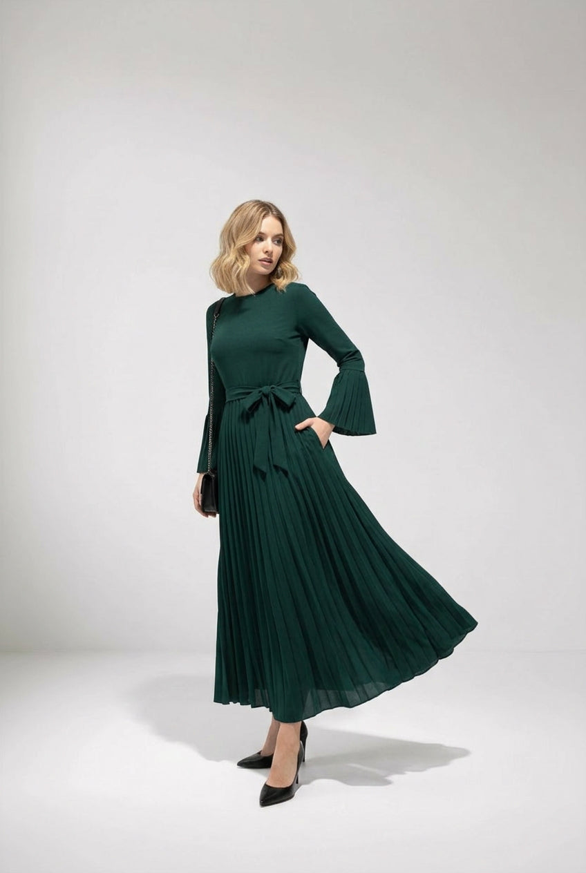 Long cardigan dress in cream with flowing sleeves, modest everyday style
