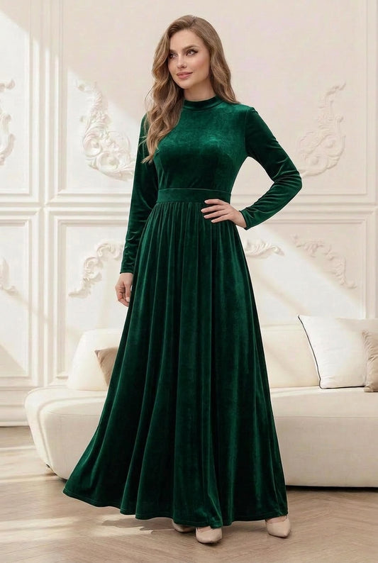 Burgundy velvet maxi dress with stand collar, loose fit, long sleeves for parties
