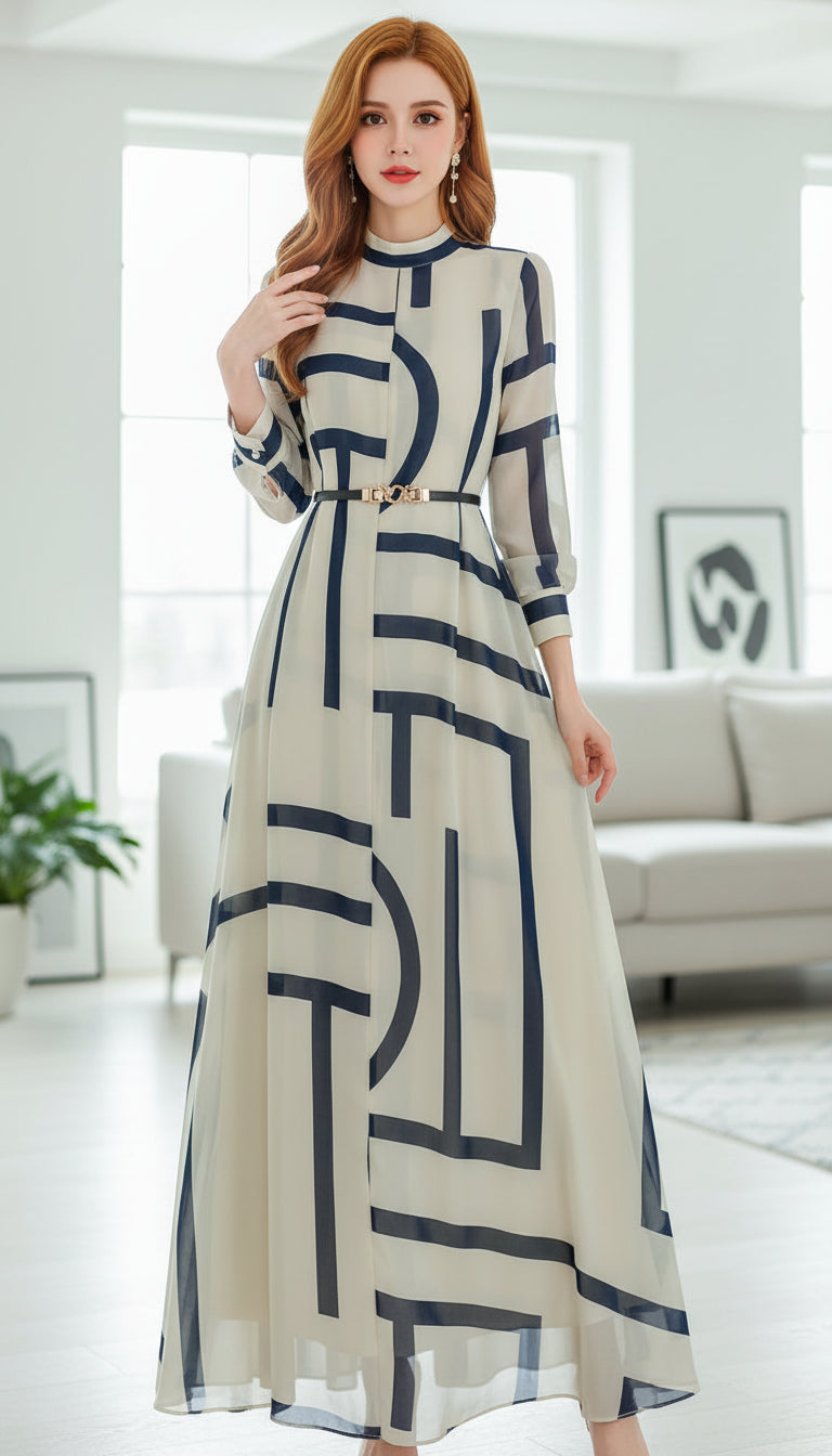 Burgundy long-sleeved maxi dress with flowing A-line silhouette for modest occasions